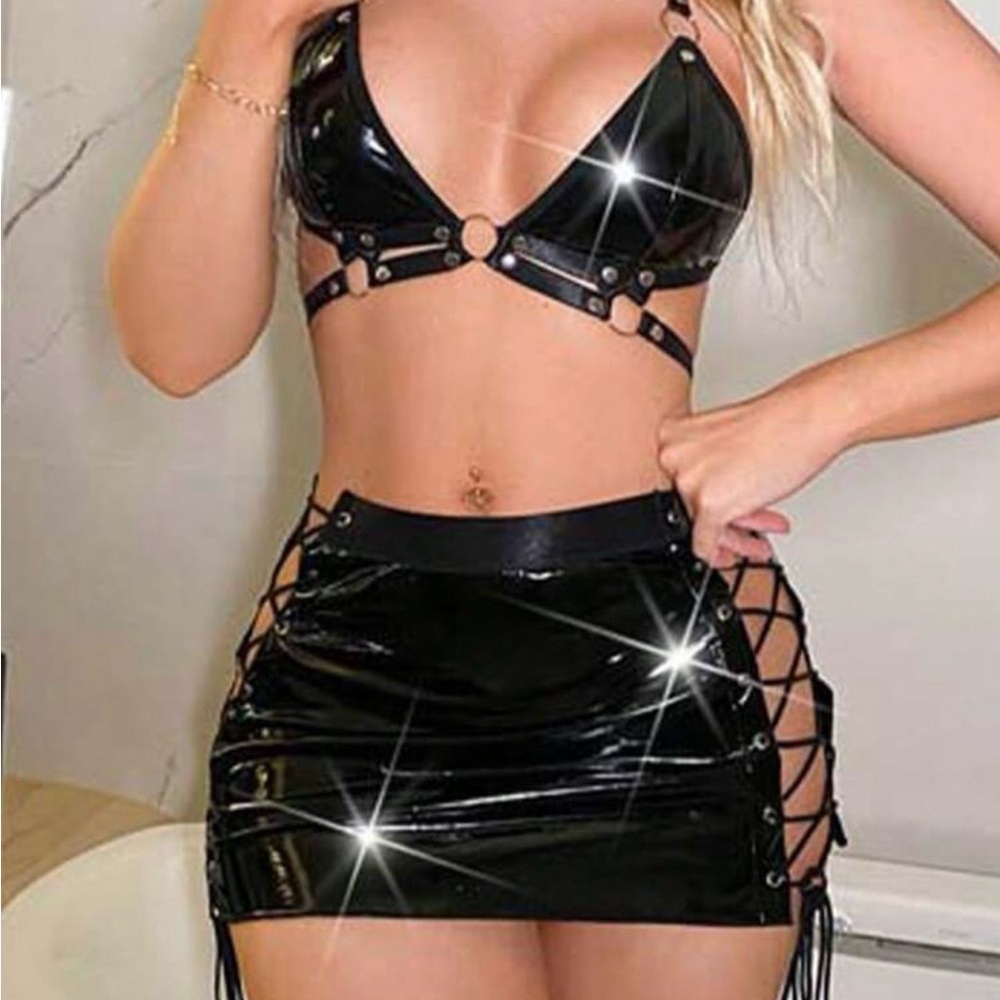 #15 Shiny Black Vinyl Lace-Up Mini Skirt Set Medium